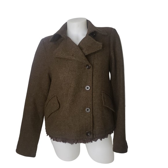 GAP Womans Wool Double Breasted Jacket Ruffle Hem Brown Tweed Size Medium